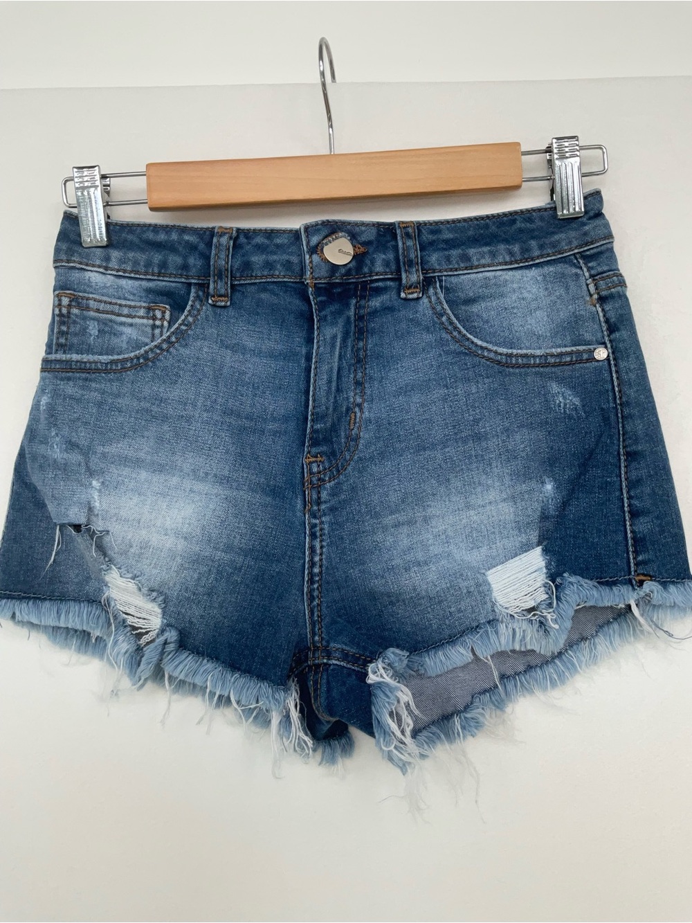 Shasa Distressed Frayed Hem Denim Shorts - Blue Wash